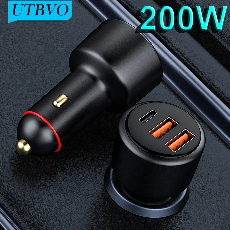 

UTBVO 3 Ports 200W Car Charger Fast Charging USB C Adapter PD 36W USB 100W 65W Super FlashCharge QC SCP for VIVO OPPO Huawei