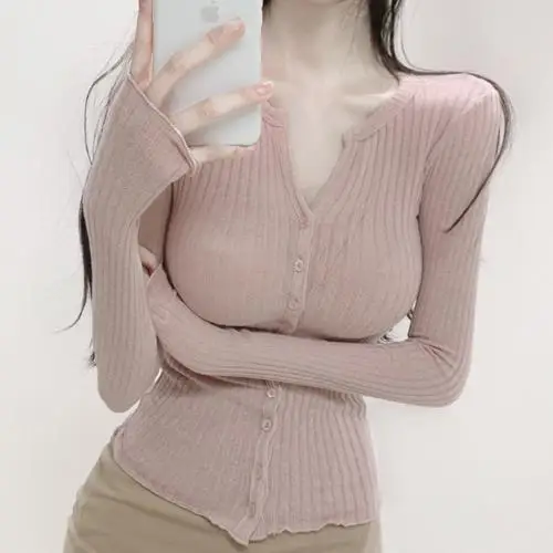 

5STUDIO YW386 Sexy Women's Knitted Tight Fit f Open Collar Cardigan ow Chest Commute Sle Long Sve Regular Length