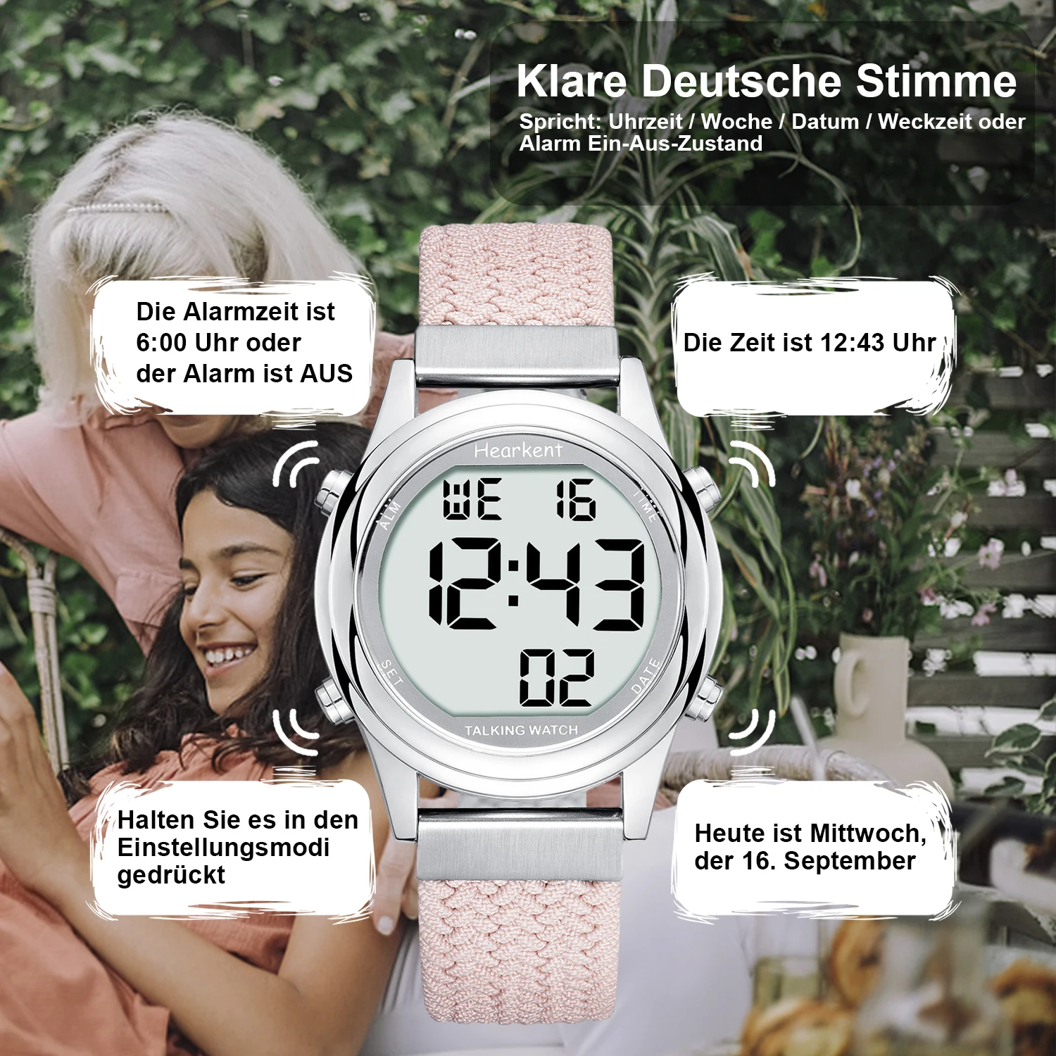 Hearkent German Talking Watch Clock for Blind/Visually Impaired Digital Wrist Watches Women Speaking Watch with One-Touch Alarm