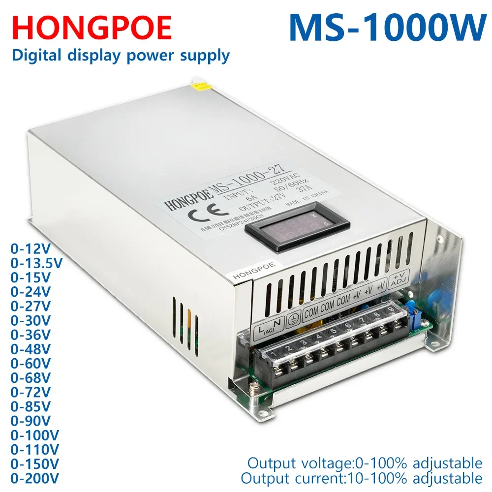 1000W Adjustable Power Supply 0-12V 15V 24V 27V 30V 36V 48V 60V 68V 72V 85V 90V 100V 110V 150V 200V Digital display power AC-DC