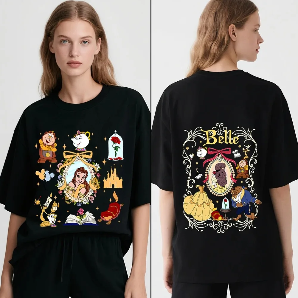 

2026 Хлопковые футболки с принтом Disney Beauty and the Beast Belle для женщин, повседневные удобные мягкие футболки для ежедневной носки