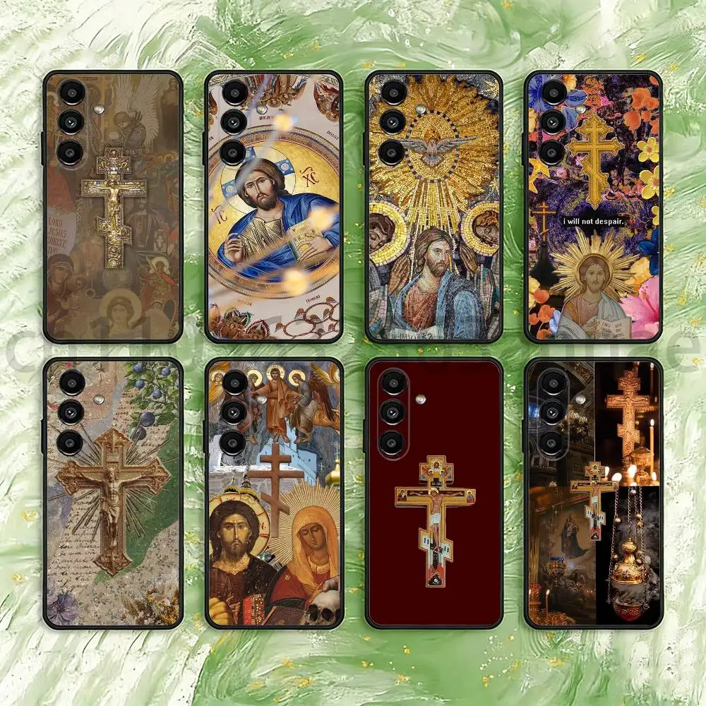 Orthodox Cross Icon Church Phone Case For Samsung S25,24,21,22,23,S30,Ultra,S20,Plus,Fe,Lite,Note,S10,S9,Black Soft Shell