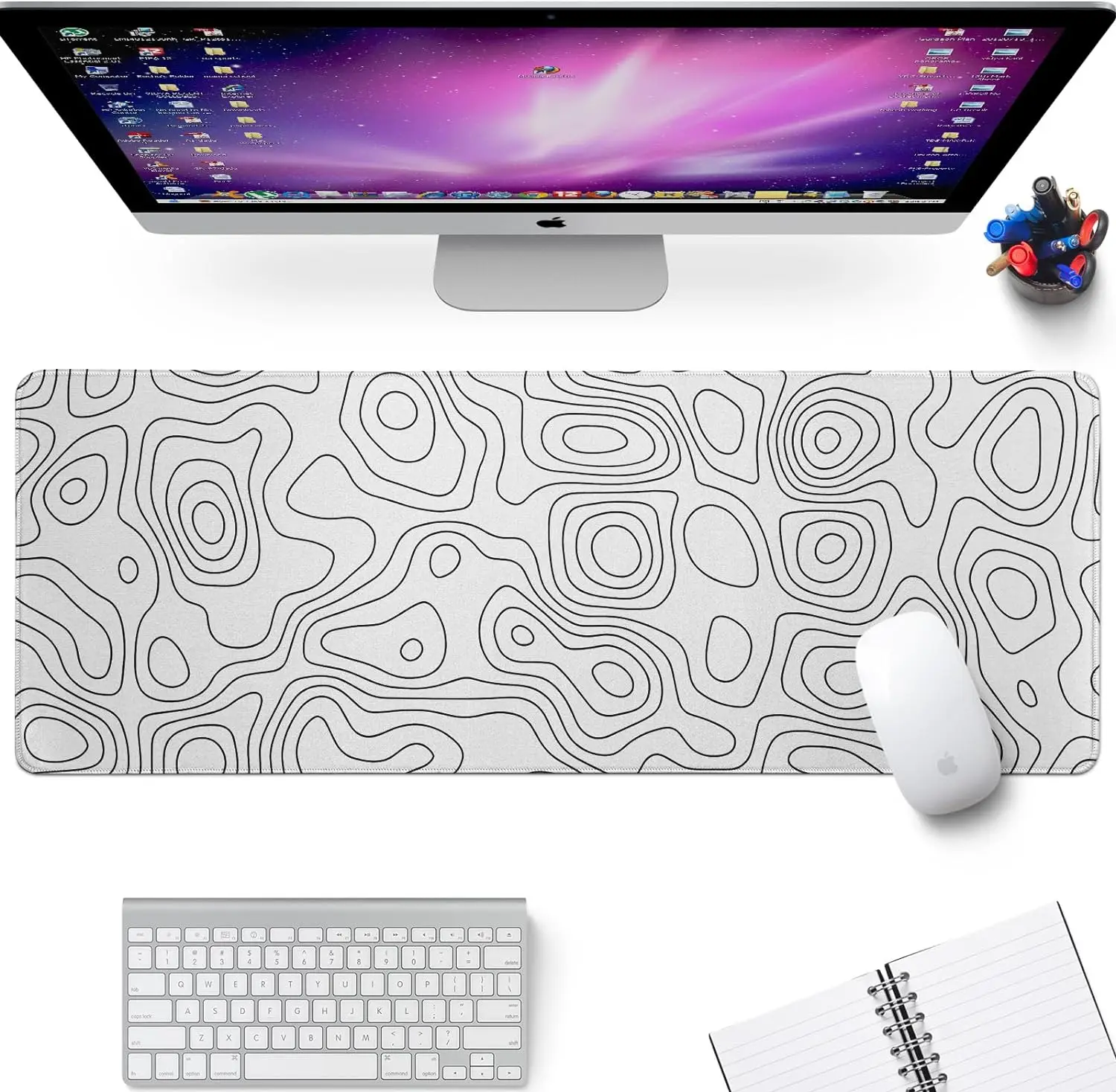 White Gaming Mouse Pad Topography Contour Large Mouse Pad Laptop Deskmat Keyboard Mat Stitched Edge Non-Slip Rubber Big Desk Pad