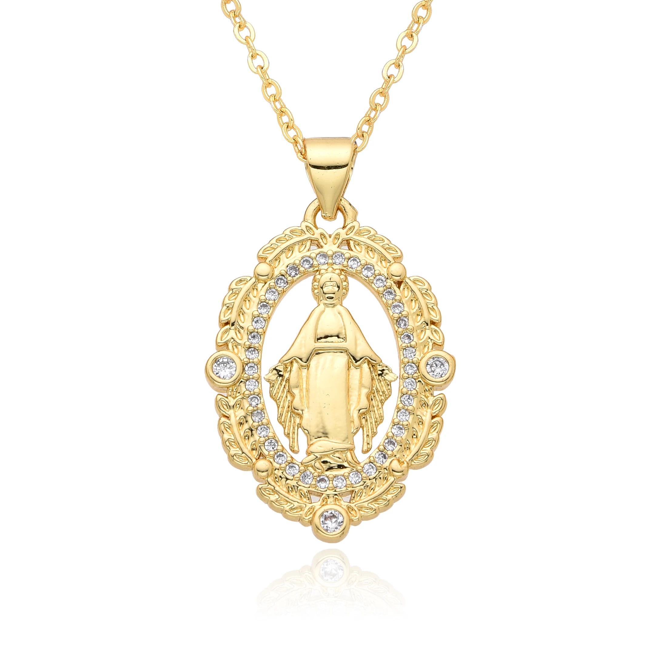 Gold Color Oval Guadalupe San Judas St. Benedict Charms Cubic Zirconia Virgin Mary St. Jude Necklace for Women Pendant Jewelry