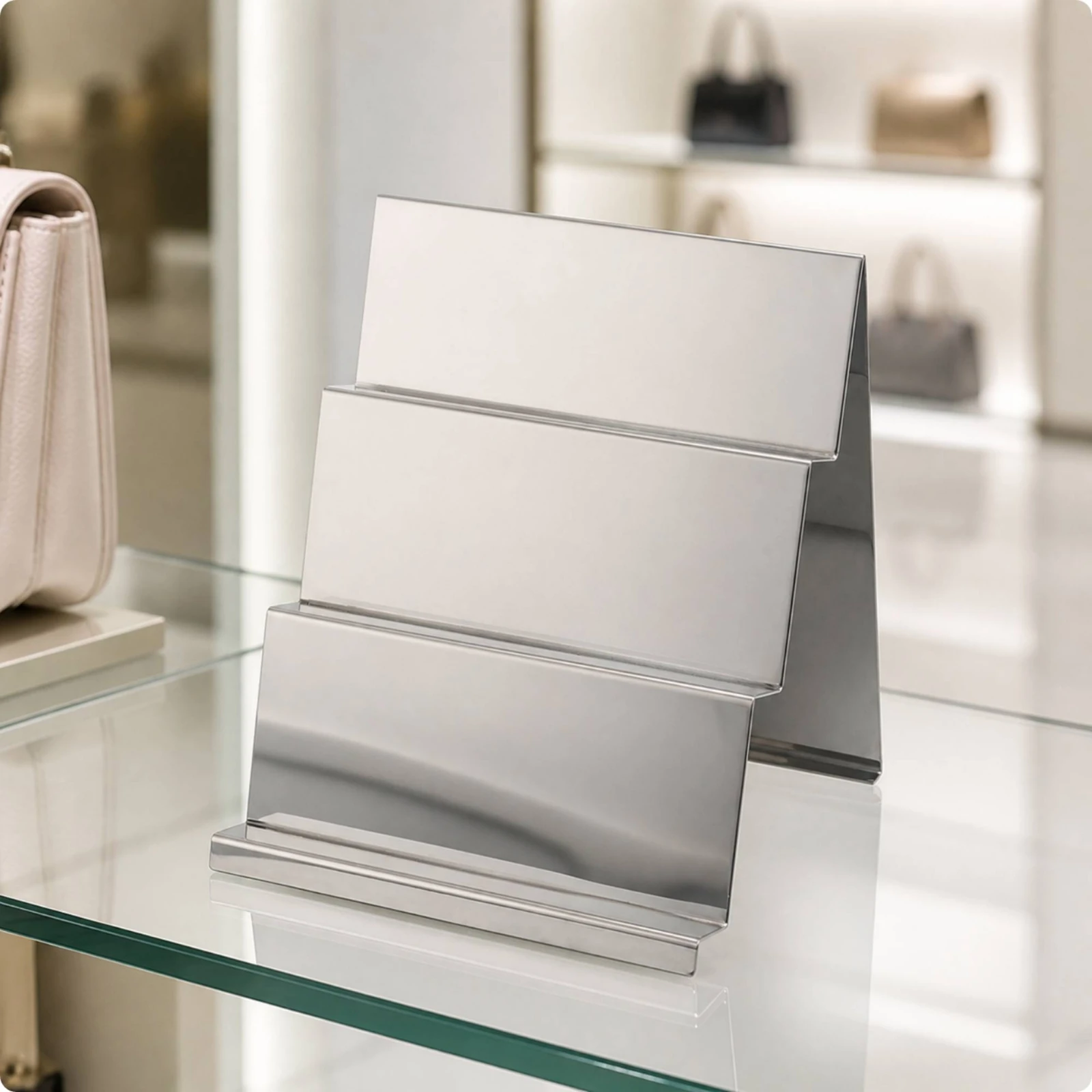 Double-Sided Display Rack with Retaining Edges Stable Stainless Steel Countertop Display Stand Sturdy Minimalist
