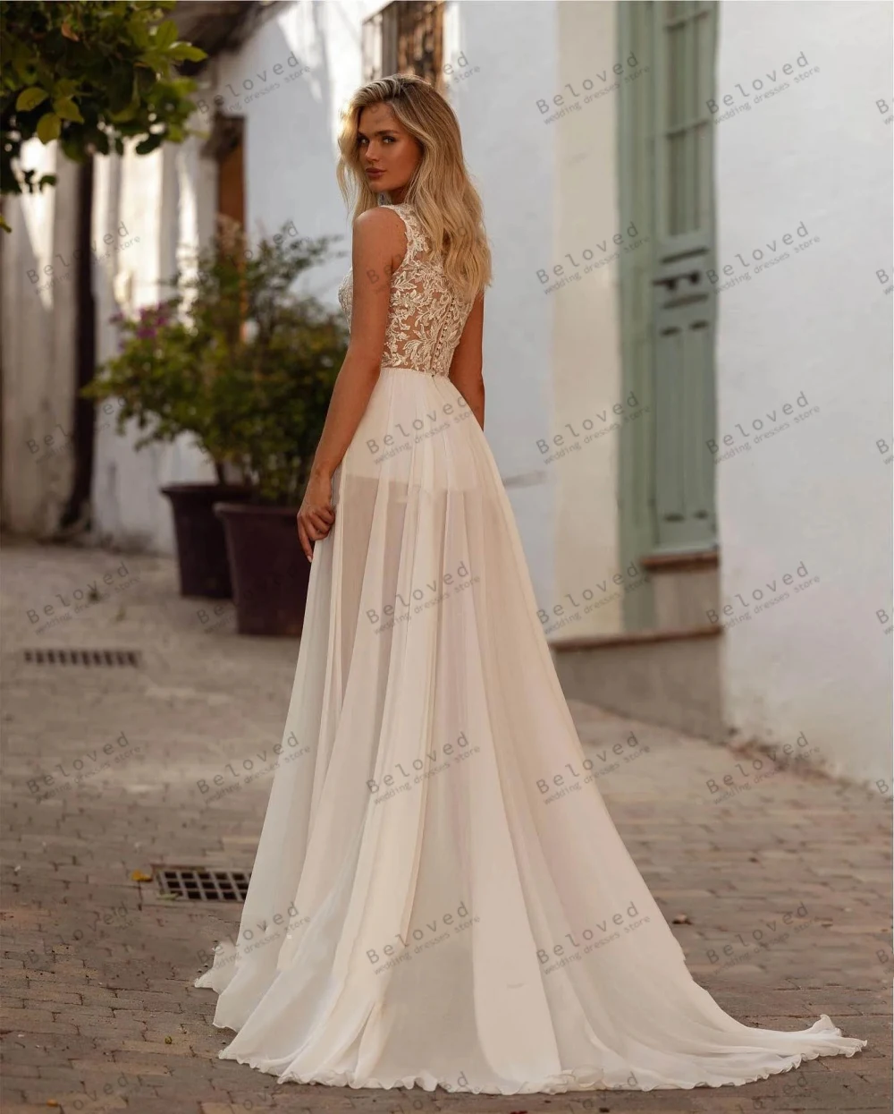 Splendidi abiti da sposa a-line abiti da sposa in Chiffon Appliques di pizzo senza maniche abito a fessura alta per abiti da festa formale De Novia