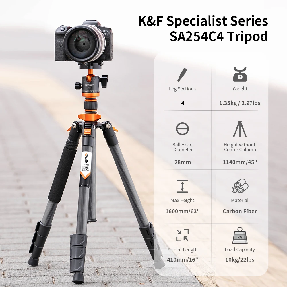 K&F Concept 62inch/160cm Portable Travel Tripod Carbon Fiber Tripod with Detachable Monopod Metal Ball Head Quick Release Plate