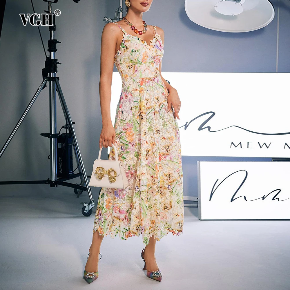 

VGH Printing Hollow Out Lace Slimming Dresses For Women Camisole Sleeveless Backless High Wasit Elegant Dress Female Fashion New