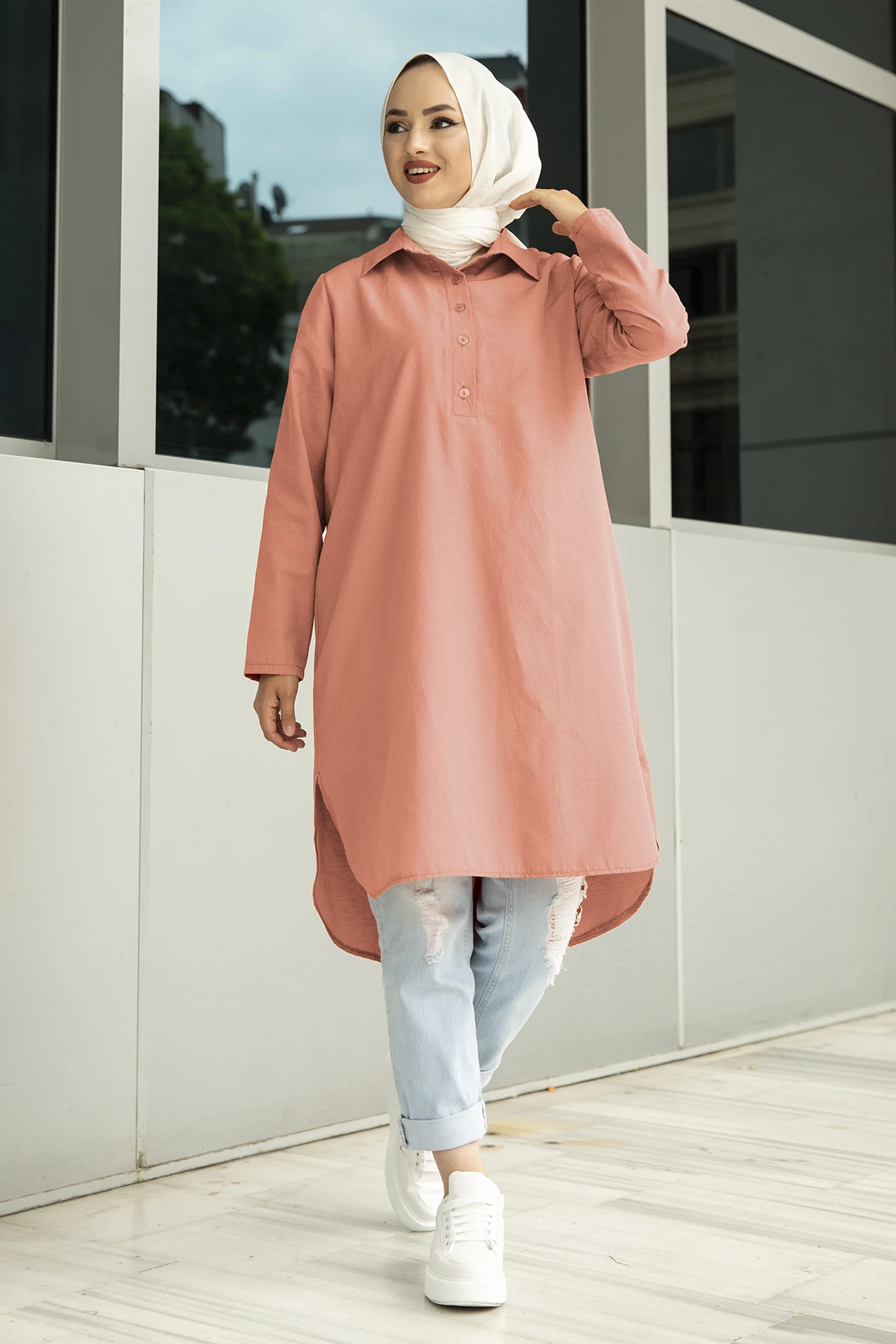 Rear V Cut Tunic MD-Salmon