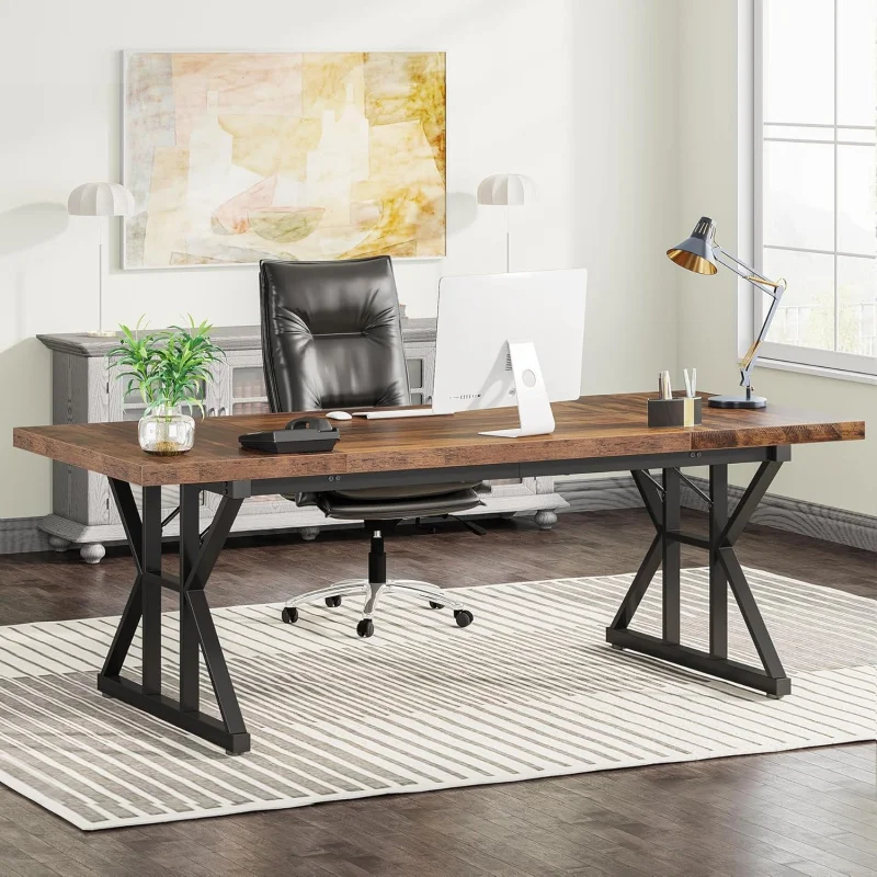 

70.8 Large Executive Desk, Brown/Black Computer Workstation, Modern Simple Laptop Writing Table, Scratch-Resistant Home Office