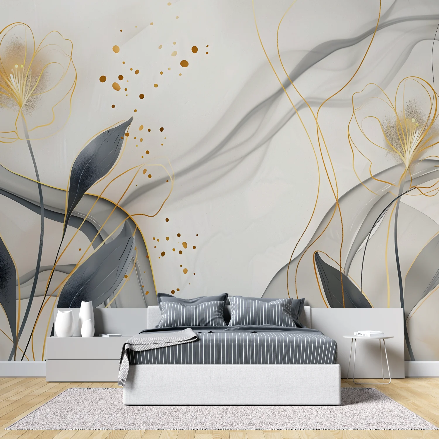 Customized Golden Leaf Smoke White Flower Art Wallpaper bedroom living room decoration painting background decoration wallpaper