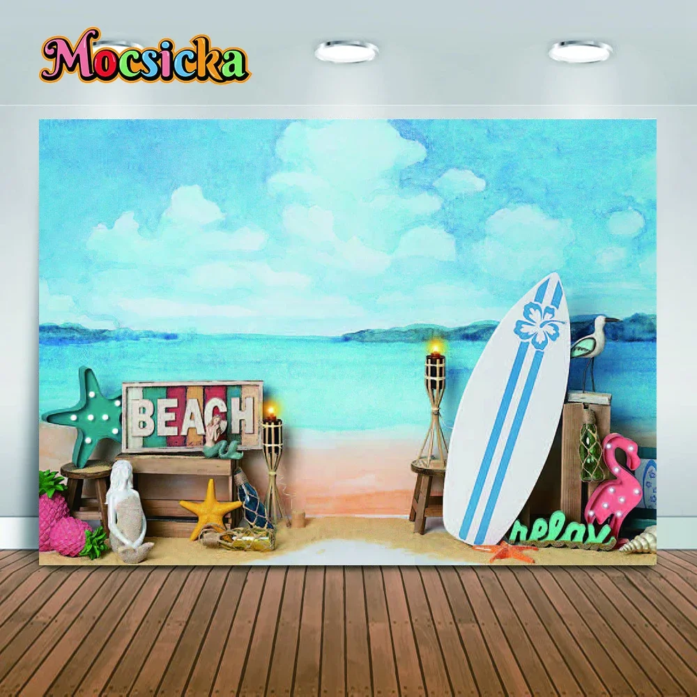 MOCSICKA летний пляжный фон для вечеринки, день рождения, фотобаннер, доска для серфинга, кокосовая пальма, цветы, фон для фотосъемки