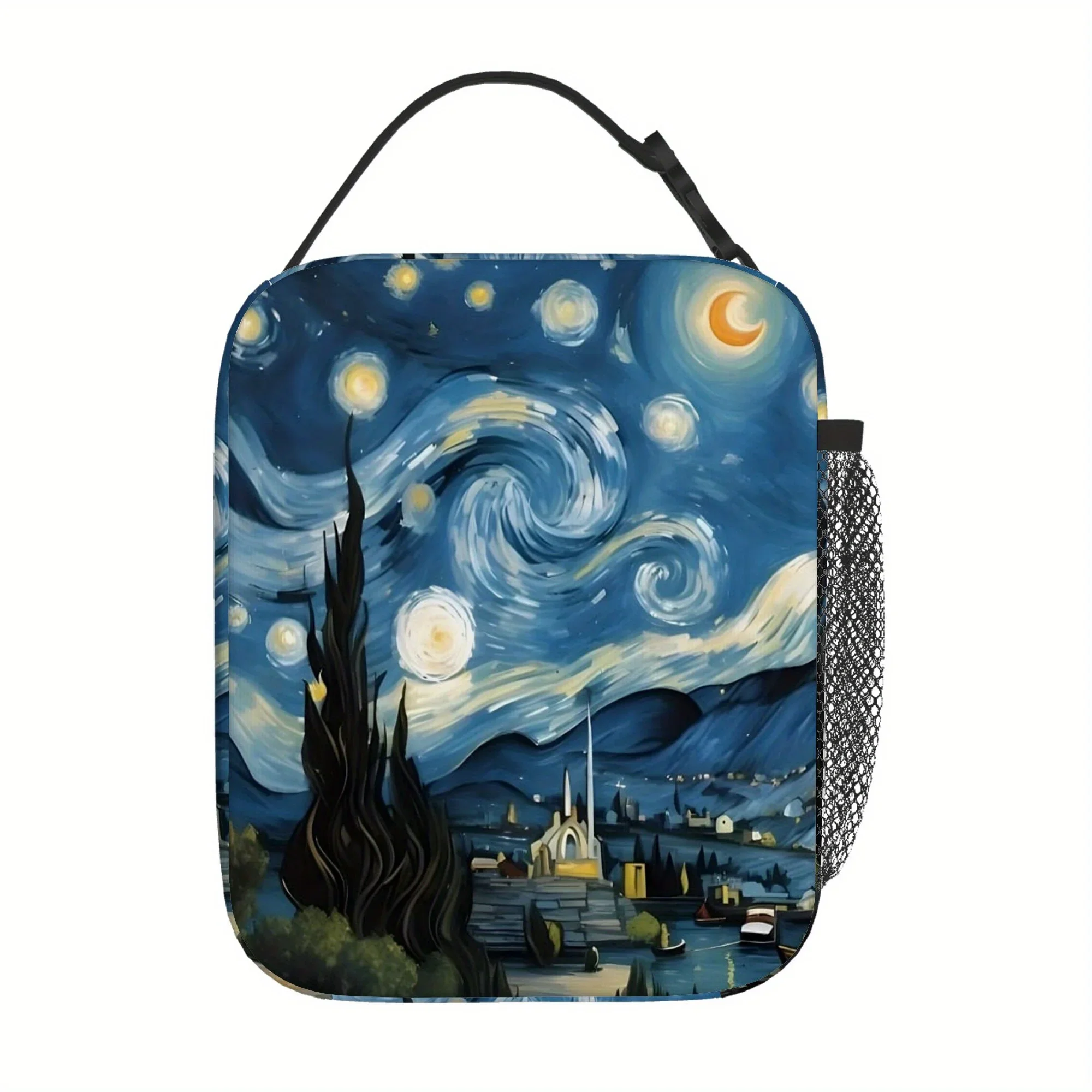 1pc, Starry Night Over Tranquil Waters Printed Thermal Bag Insulation Tote for Food Storage - Unisex Portable Reusable Cooler &