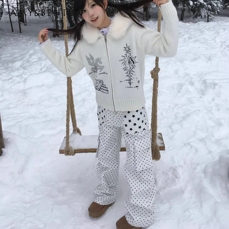 

Original Design Star Pocket Polka Dot Splicing Fleece-lined Women's Jeans Winter New Sweet Cool Versatile Loose Trousers Ladies