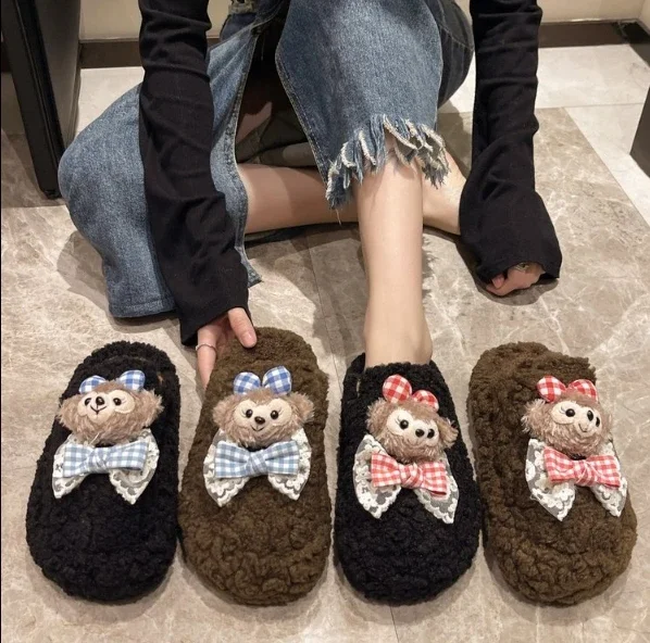 

Winter Women Fluffy Slippers Men Indoor Floor Warm Slides Couples Cute Warm Quiet Slides Adults House Lattice Plush Flip Flops