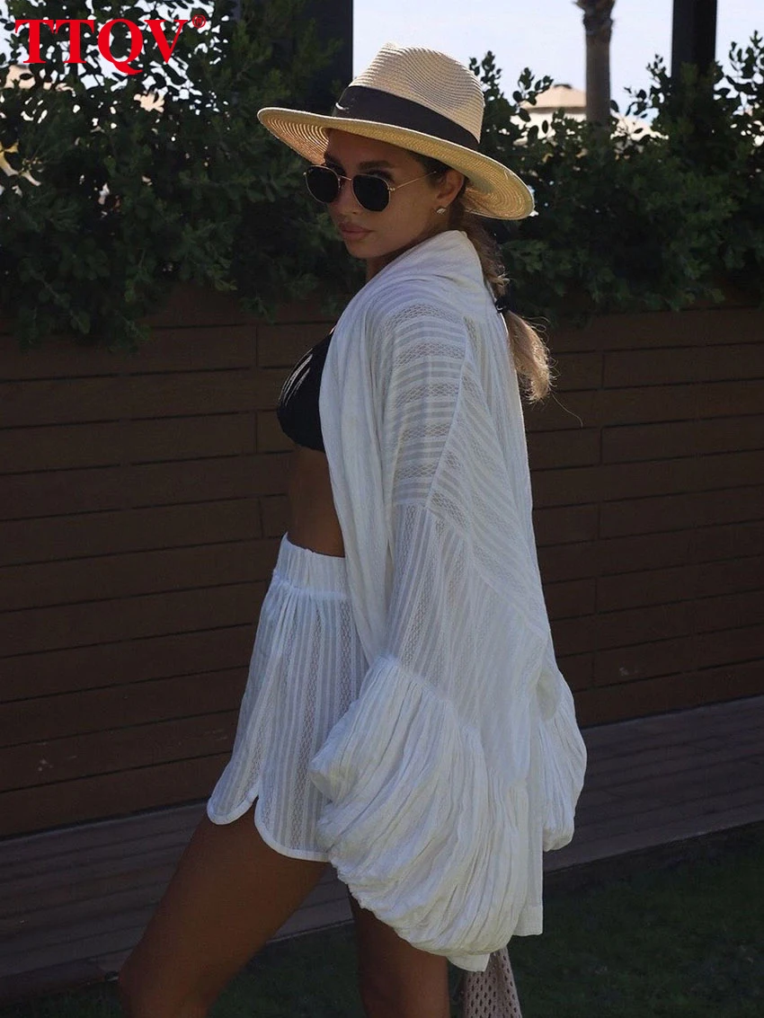 

TTQV Fashion Loose White Cotton Sets For Women 2 Pieces 2025 Elegant Puff Sleeve Robes With High Waist Shorts Set Female
