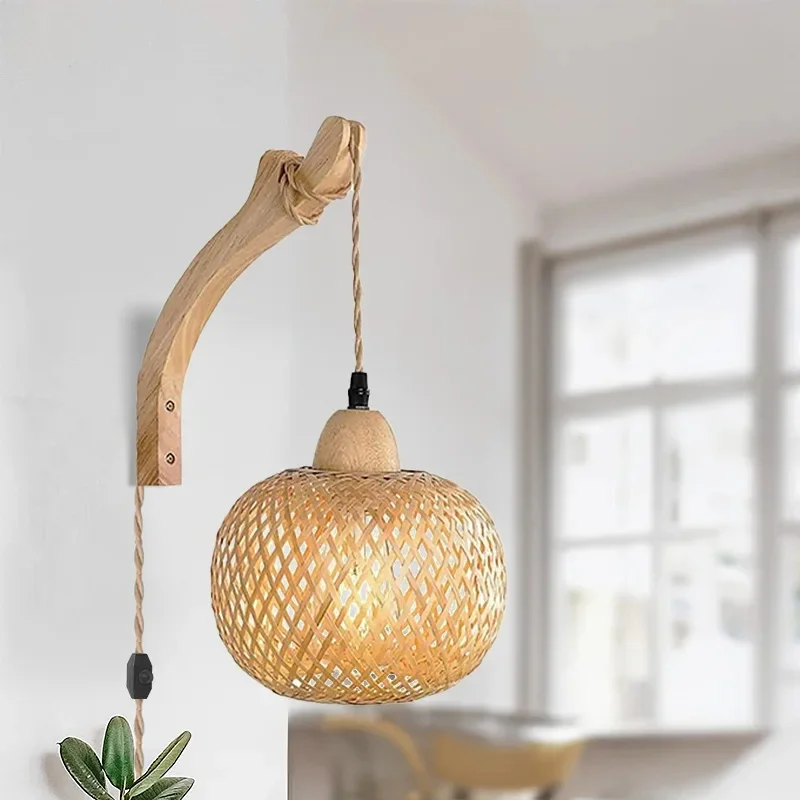 Handwoven Rattan Wall Lamp with Natural Wood Bracket for Bedroom Living Room Decor