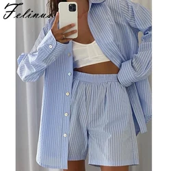 Felinus Women 2 Piece Home Suit Stripe Long Sleeve Shirt Tops And Loose Short Pajamas Sexy Fashion Outerwear Sleepwear Set