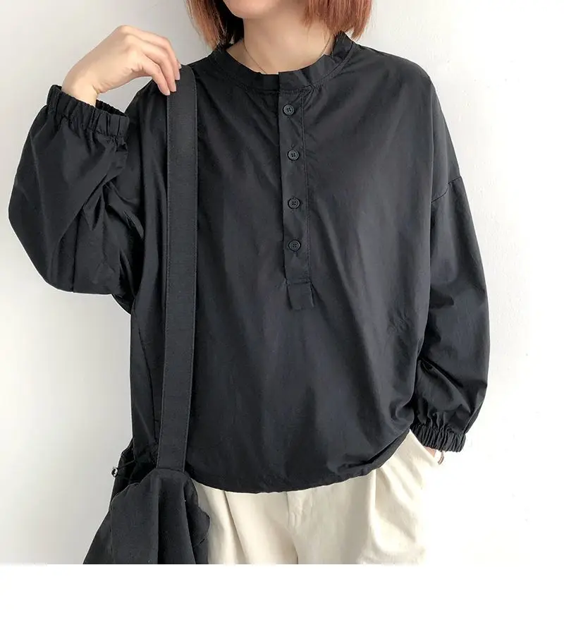 Retro de manga larga con cuello redondo para mujer en otoño nueva moda Top Casual suelta camisa de manga de talla grande a la moda
