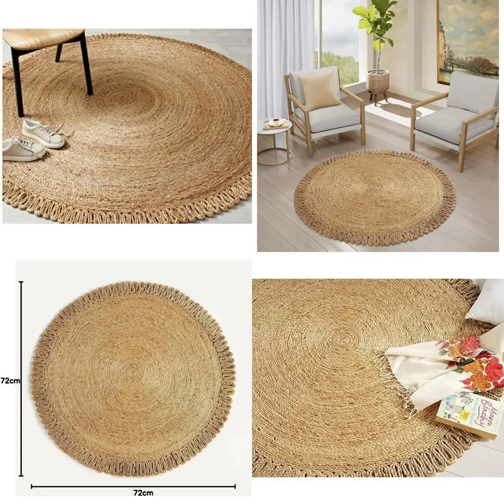 

Natural Fiber Boho Style Round Jute Area Rug - 6 Feet Diameter, Soft Braided, Reversible, Eco-Friendly Beige