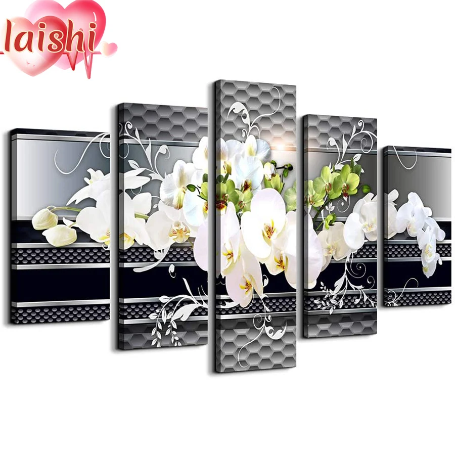 

5pcs White Phalaenopsis Diamond Painting Cross Stitch Mosaic Diamond Embroidery Full Square Picture Of Rhinestone Home Decor