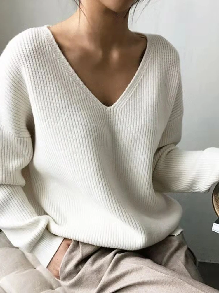 ABRINI Autumn Women Sweaters V-Neck Solid Pullovers Knitted Top Long Sleeve Fleece Jumpers traf Warm Casual Sweater Women Winter