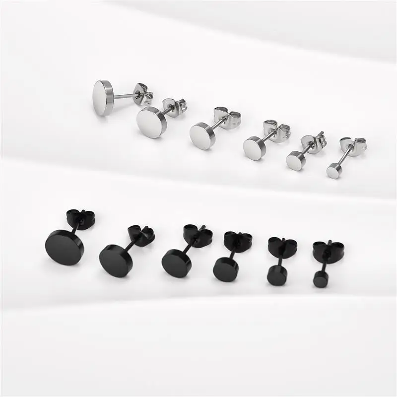 1Pair Stainless Steel Round Black Ear Studs Men 3-8mm Punk Stud Earring For Men Push Back Stud Earring For Women Jewelry