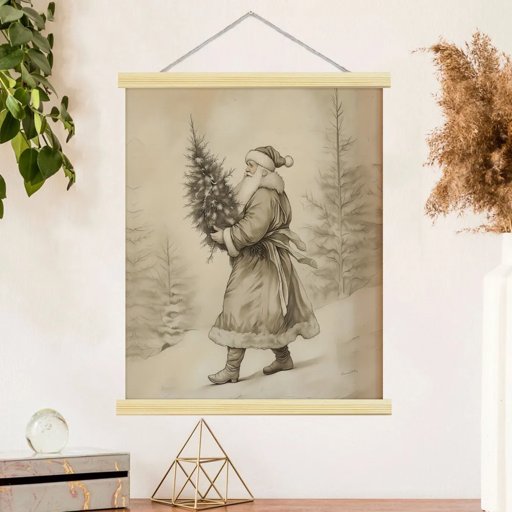 عيد الميلاد شنقا الصلبة الخشب التمرير قماش الفن الأحمر سانتا كلوز الرنة طباعة جدار لغرفة المعيشة غرفة نوم عطلة الديكور