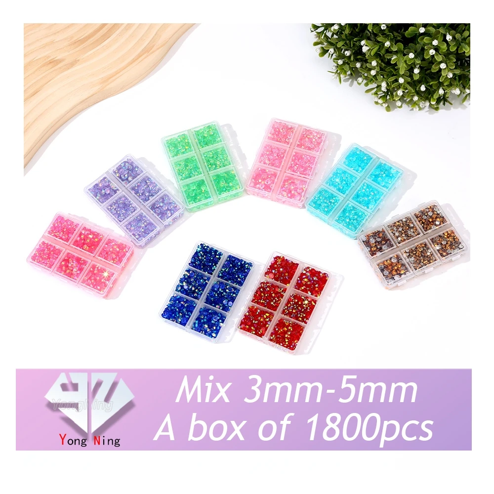 

YongNing 1800pcs/Box 3/4/5mm Mix Size Resin rhinestones transparent Flatback Non hotFix Crystal Set Nail Art craft decoration