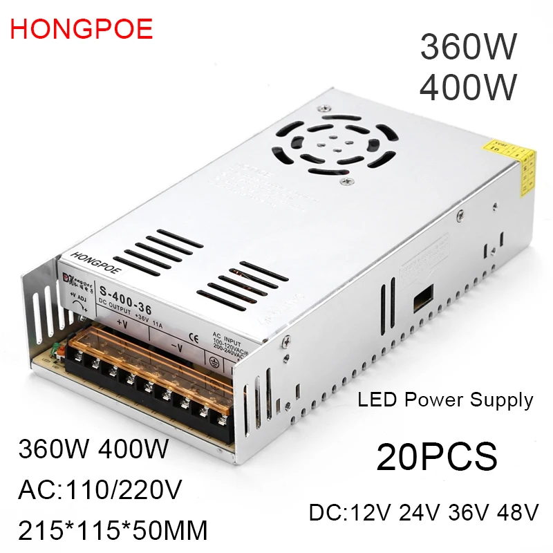 Wholesale 20pcs New LED Power Supply DC 12V 18V 24V 36V 48V 360W 400W LED Power Supply Source Transformer AC-DC SMPS Motor Power