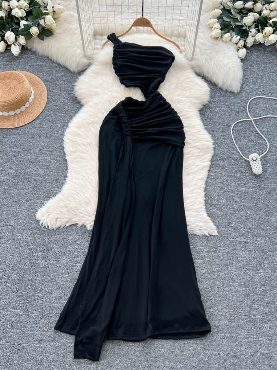 Foamlina อินเทรนด์ยุโรปสาวร้อนจีบ Bandeau ชุดฤดูร้อนไม่สม่ําเสมอ Cutout เอว SLIM FIT PURE Desire ชุด Maxi ที่ไม่ซ้ํากัน