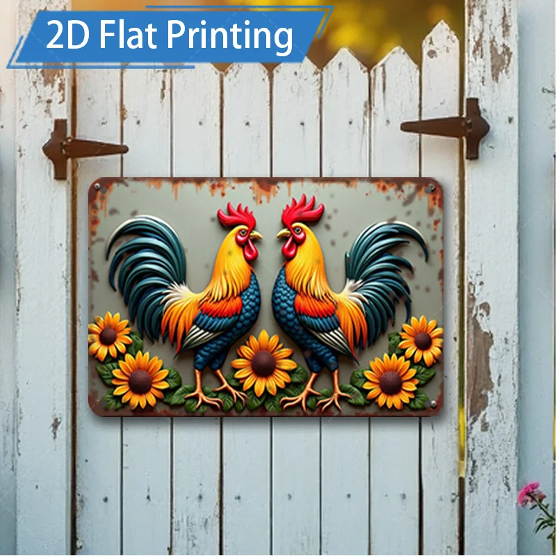 1pc 8x12inch Metal Sign Rustic Rooster Metal Wall Art, 2D Flat Print Farmhouse Decor for Garden or Home
