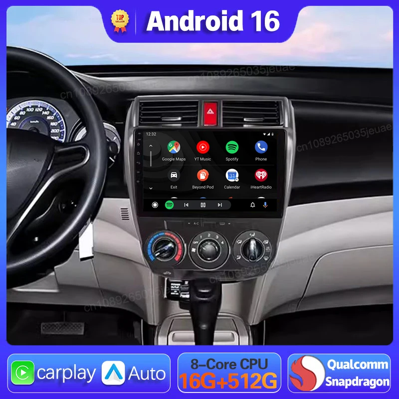Android 16 Carplay Auto GPS For Honda City 2008 2009 2010 - 2014 Car Radio DSP Multimedia WIFI+4G Head Unit Video Stereo Player
