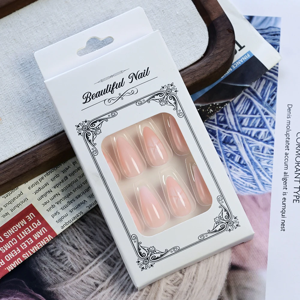 24 Uds. De uñas postizas de Ballet con gradiente blanco, color rosa desnudo, almendra, flores brancas y borrosas, colorete, limón, brillo, uñas postizas