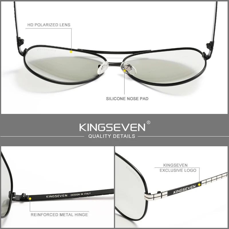 KINGSEVEN Fashion Sunglasses Men‘s Pilot Photochromic Alloy Full Frame Glasses HD Polarized Driving UV400 Eye Protection Glasses