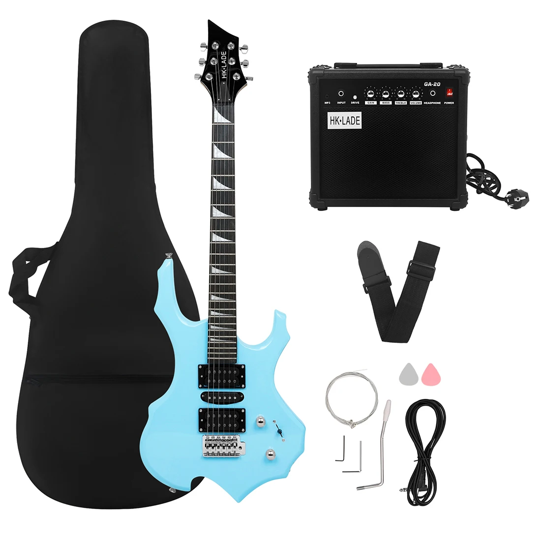 HK·LADE Cyan Flame Electric Guitar 24 Frets Maple Body Electric Guitar Set 6 Strings Guitar with Bag Strap Strings Amp Picks