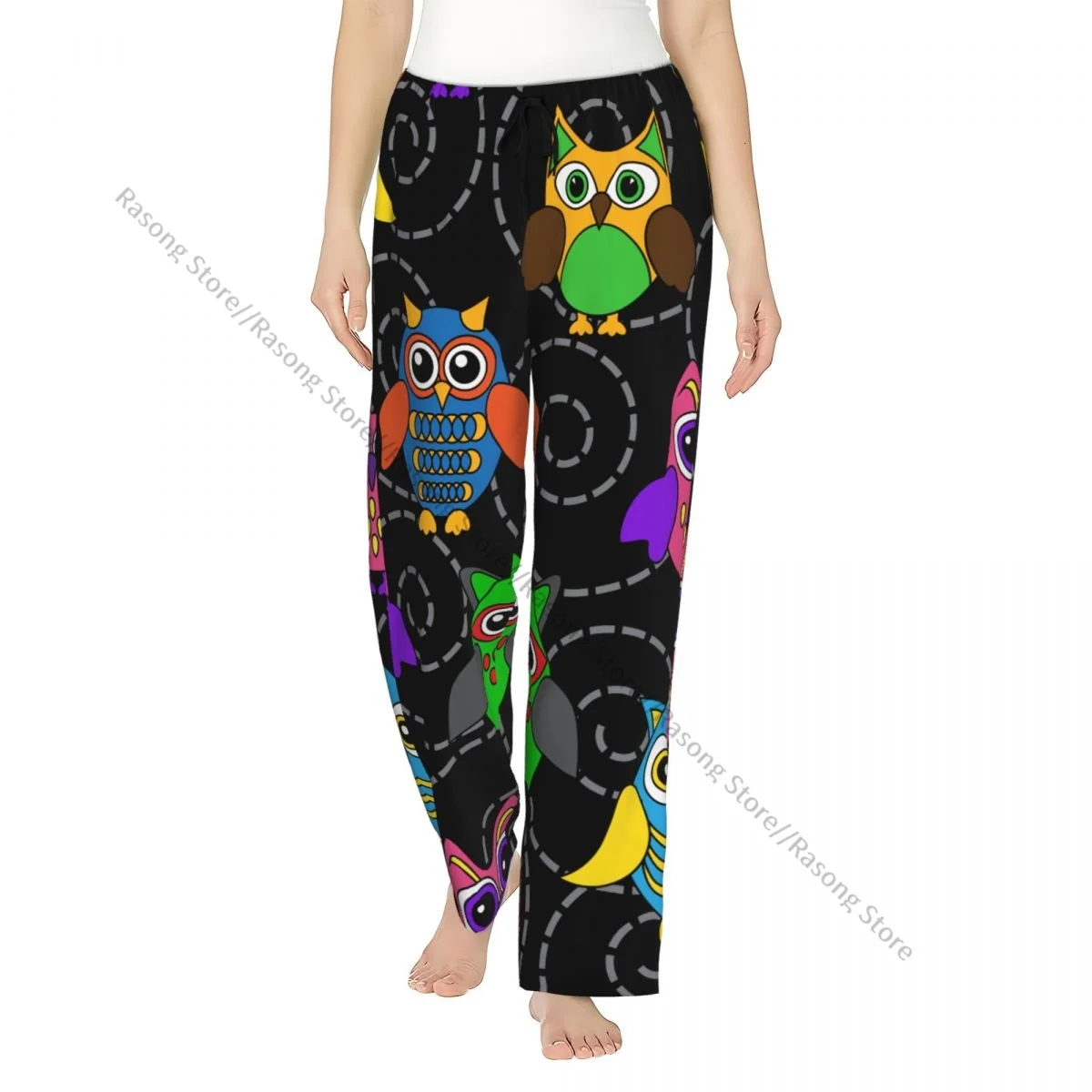 

Cozy Flannel Pajama Pants for Women Curls And Cartoon Owls Sleep Bottoms Home Loungewear