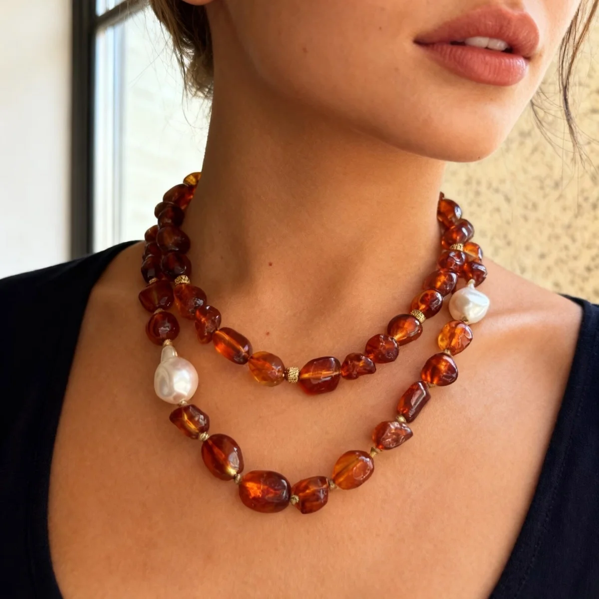 Autumn Vintage Irregular Simulated Pearl Brown Resin Beaded Necklace for Women Men Double Layer Acrylic Beads Choker Jewelry
