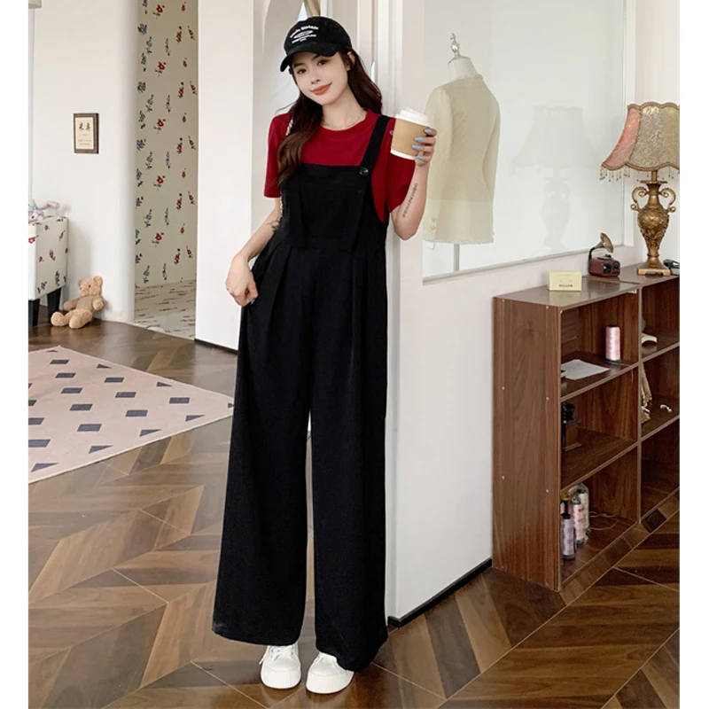 Summer Casual Two-piece Set For Women T-shirt Tops And Wide-leg Overalls Female Large Size Red Orange Solid Color Matching Suits