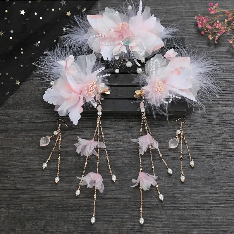 Fairy Hanfu Hair Clips Set Feather Silk Yarn Flower Tassel Side Clips Ancient Chinese Style Hair Jewelry With Earrings For Women