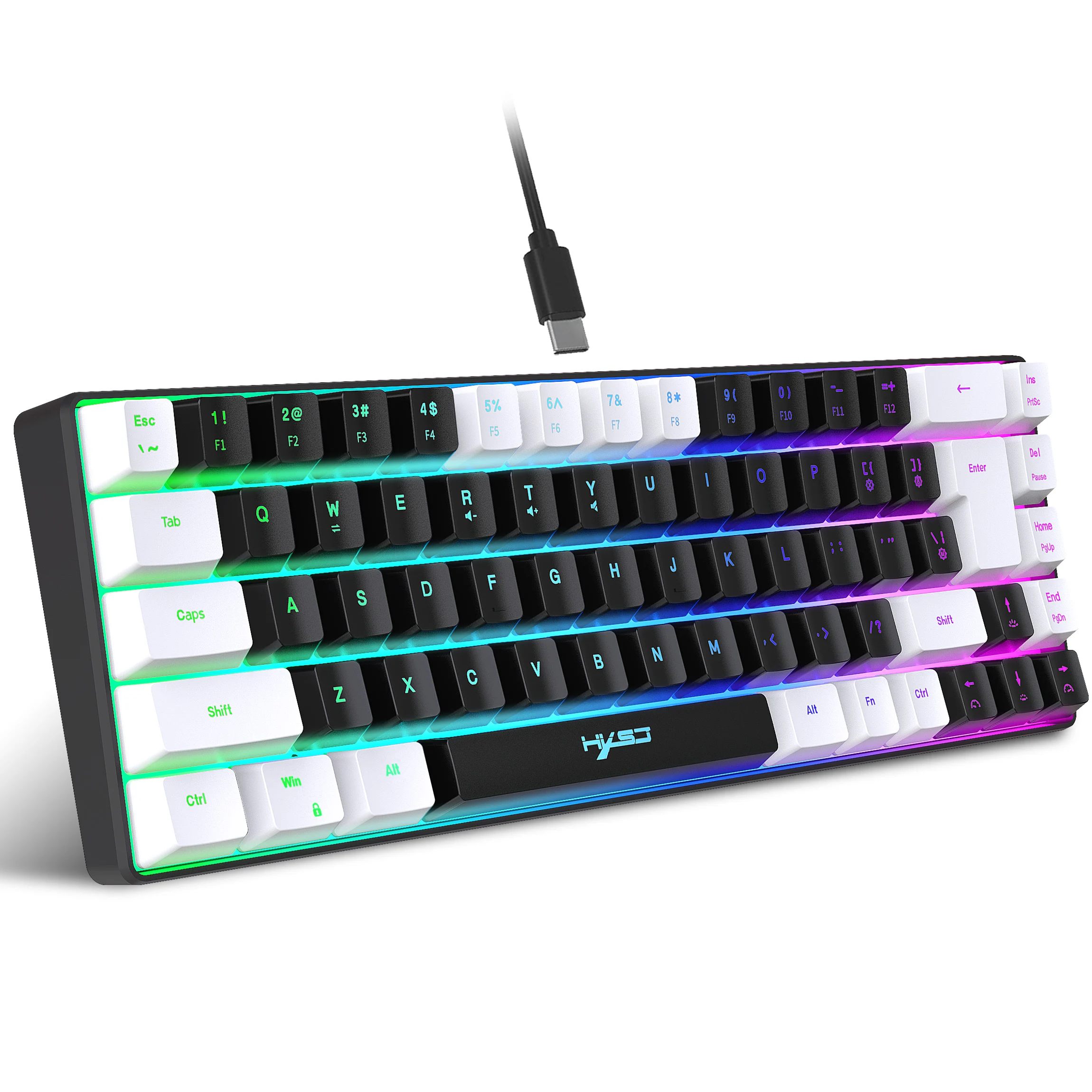 Gaming-Tastatur mit 68 Tasten, USB-Kabel, tragbar, 20 RGB-Hintergrundbeleuchtung, Schwarz-Weiß-Tastenkappen für Windows-Laptops, Computer
