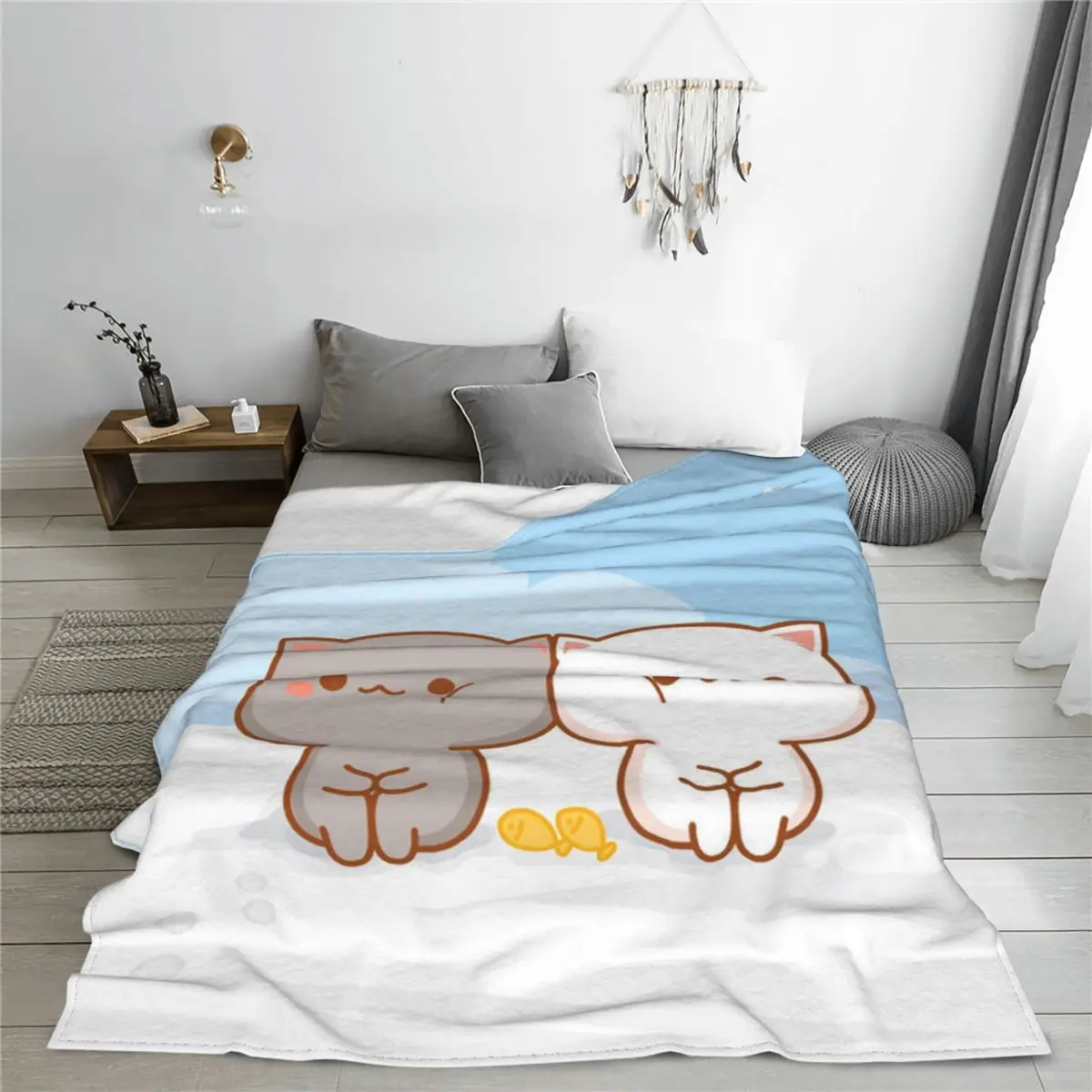 Cute Cartoon Cat Blanket Cover Flannel Peach and Goma Mochi Lightweight Thin Throw Blanket for Home Couch Bed Rug