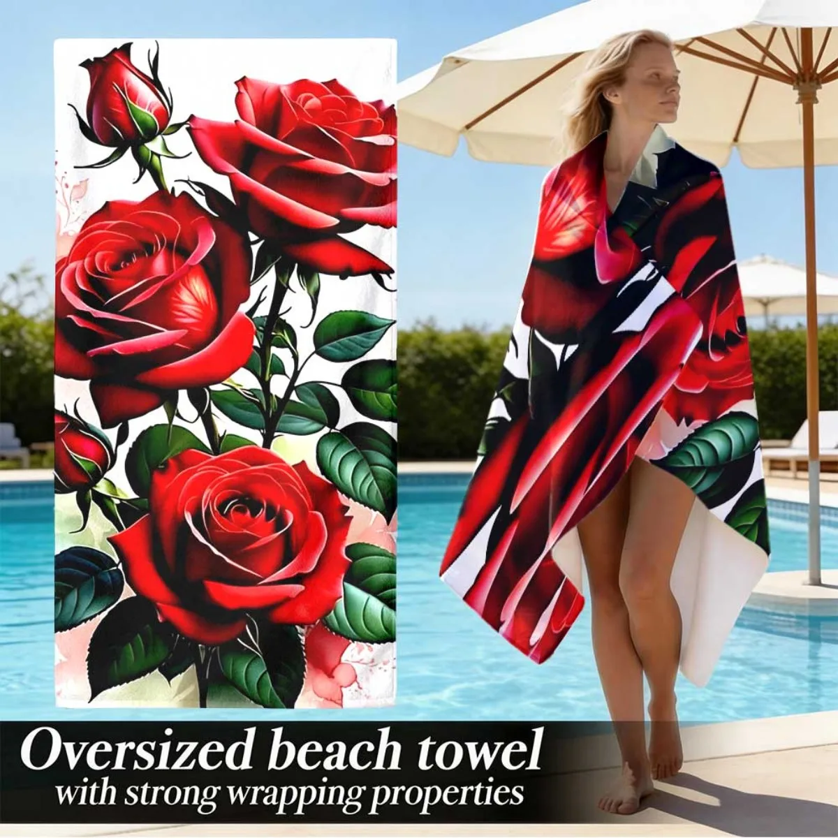 

Red Rose Pattern Beach Towel 1pc Beach Towel Unisex Soft And Comfortable Suitable for Beach Camping Swimming Diving Surfing