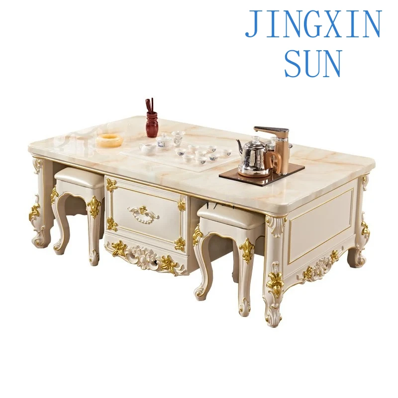 European style living room marble rectangular office coffee table white kung fu tea table solid wood