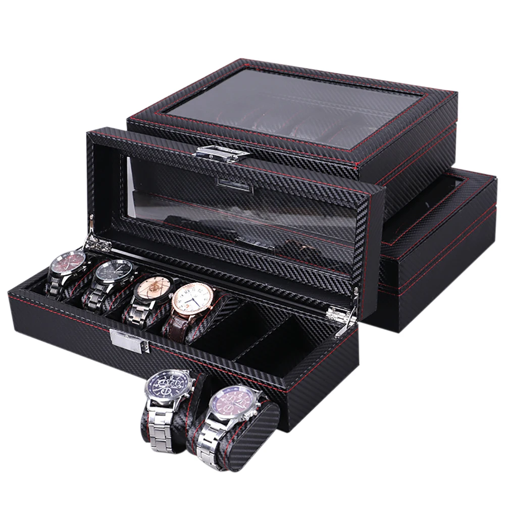 

5/6/10/12 Grids Carbon Fiber PU Leather Watch Box Bracelet Watch Bangle Jewelry Display Organizer Box Men Valentine's Day Gift