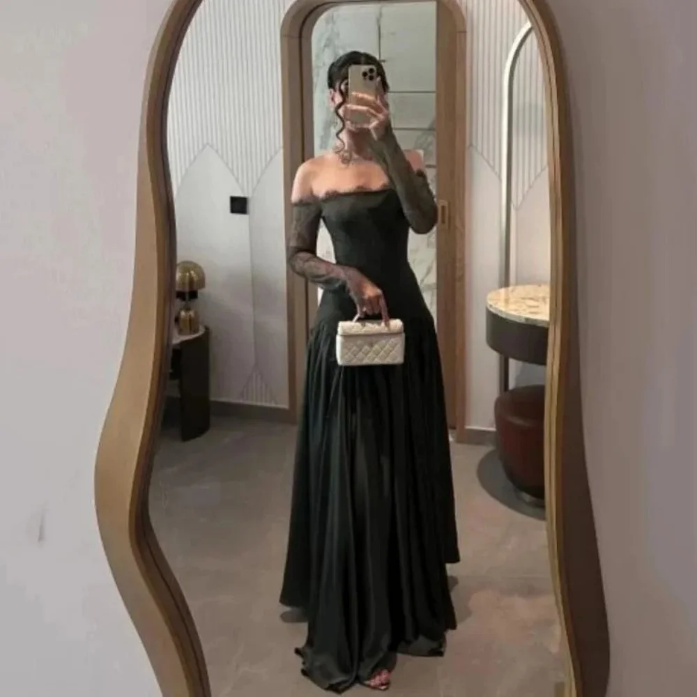 

Customized Evening Dress Gorgeous Long Sleeve Prom Dresses Ruched Formal Occasion Shining Lace Applique Party Gown Robe Soiree