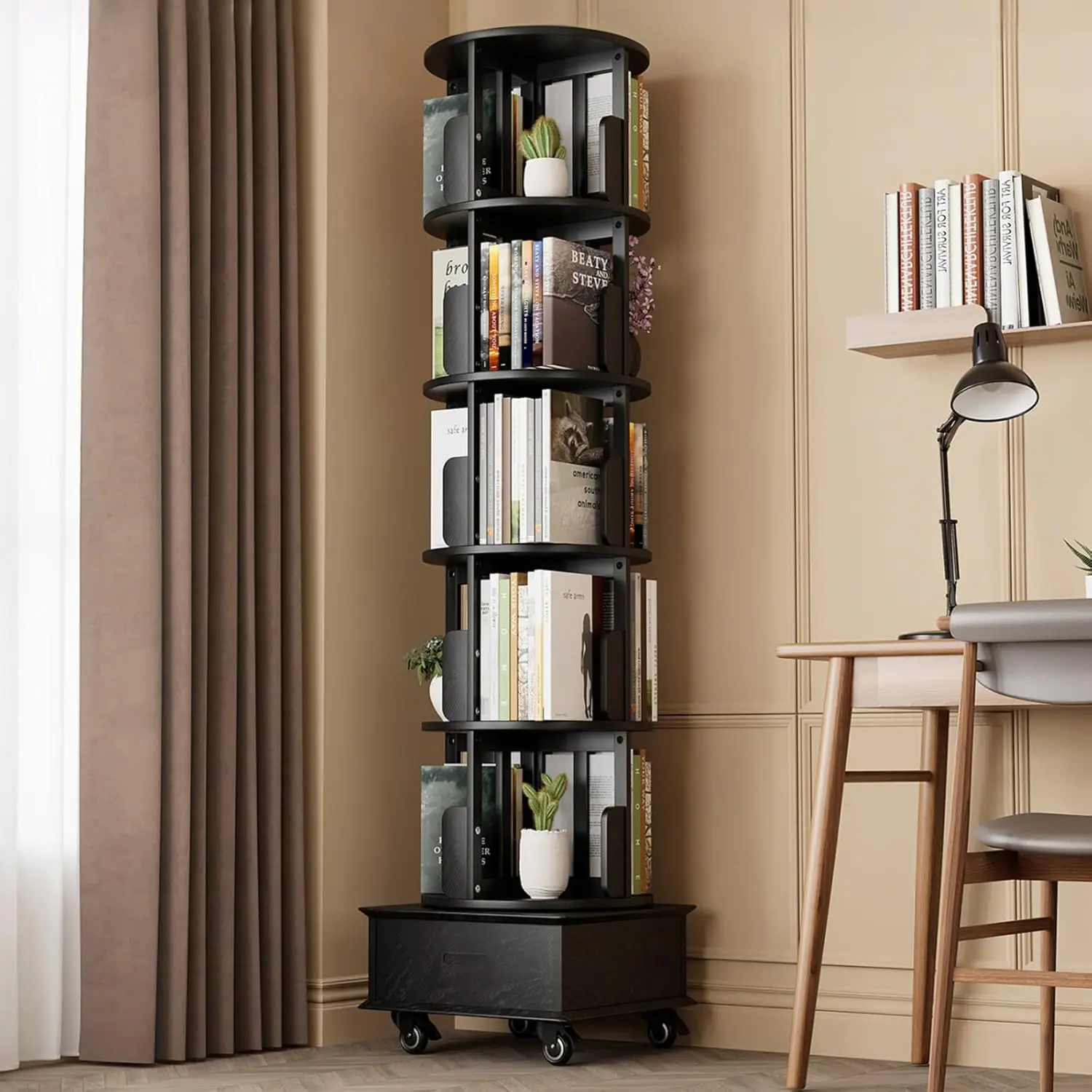 

Solid Wood 5-Tier Rotating Bookshelf on Wheels, Floor Standing, Black
