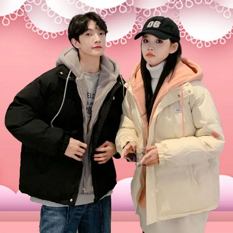 

Couple Clothing Fake Two-piece Splicing Lamb Fleece Hooded Padded Jacket Loose Thickened Warm Jacket Simple Commute Parkas