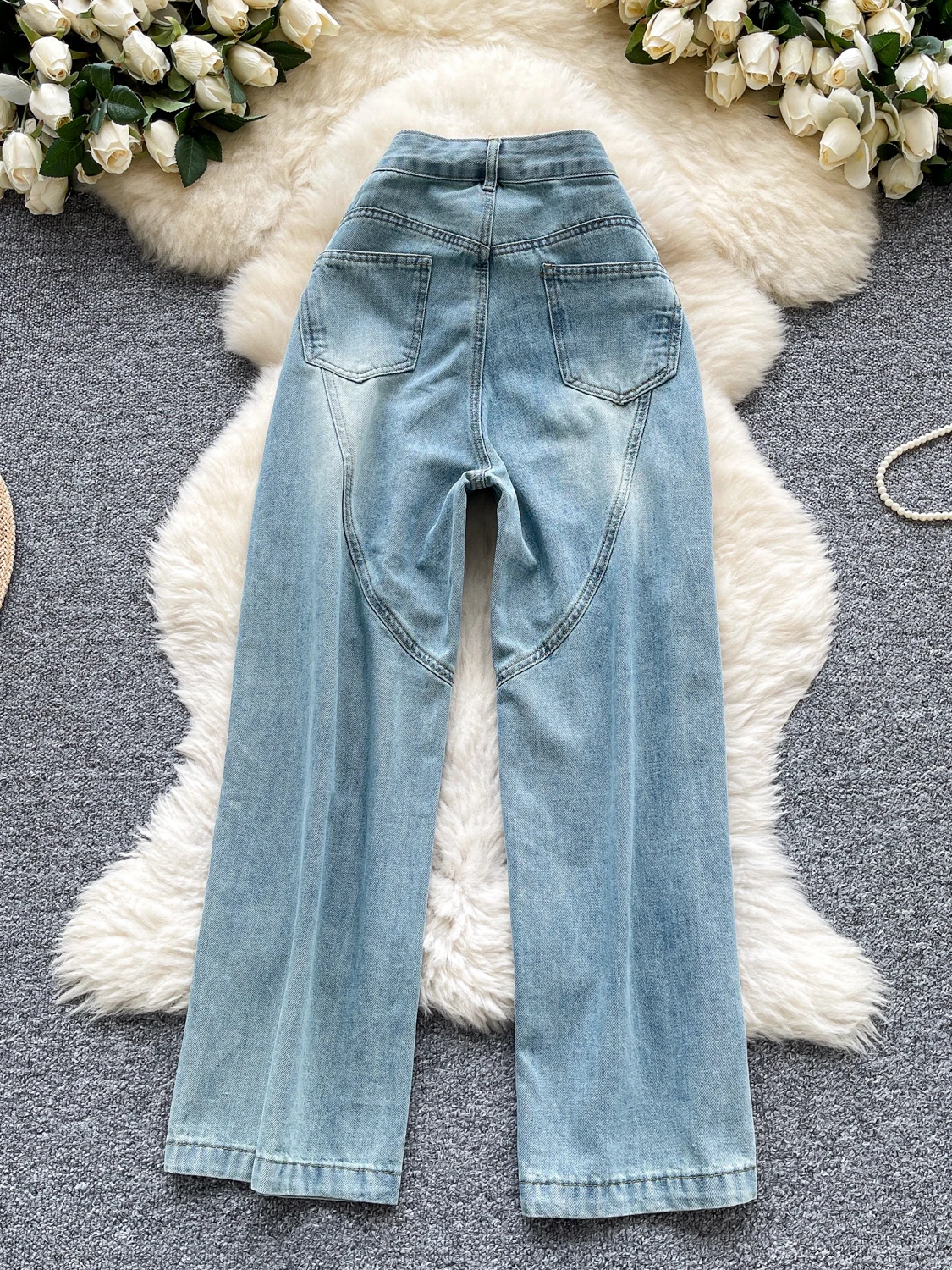 

High Waist Slimming Denim Jeans Women's Summer Sle Distred Straight Leg Diamond Embellied Hollow out Wide Leg Pants