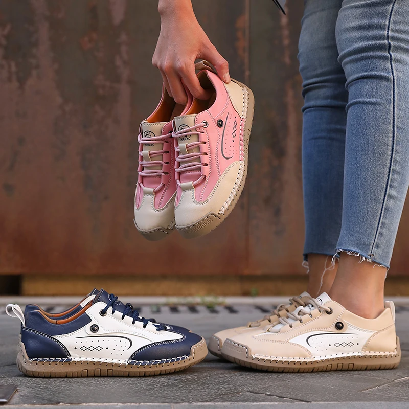 New Women Casual Shoes Handmade Leather Women's Shoes Fashion Comfortable Flats Shoes Slip on Sneakers Loafers Plus Size 36-43